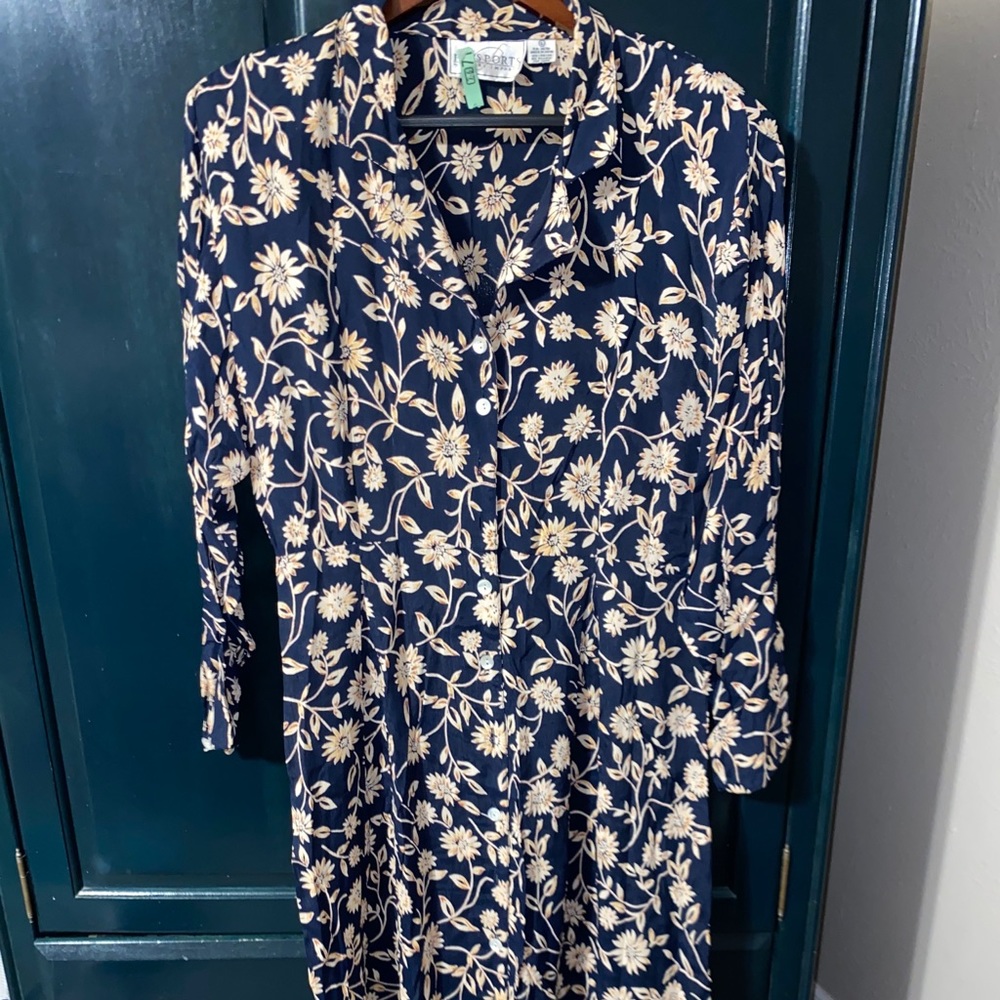 VINTAGE BLUE DRESS w/ GOLD FLOWERS